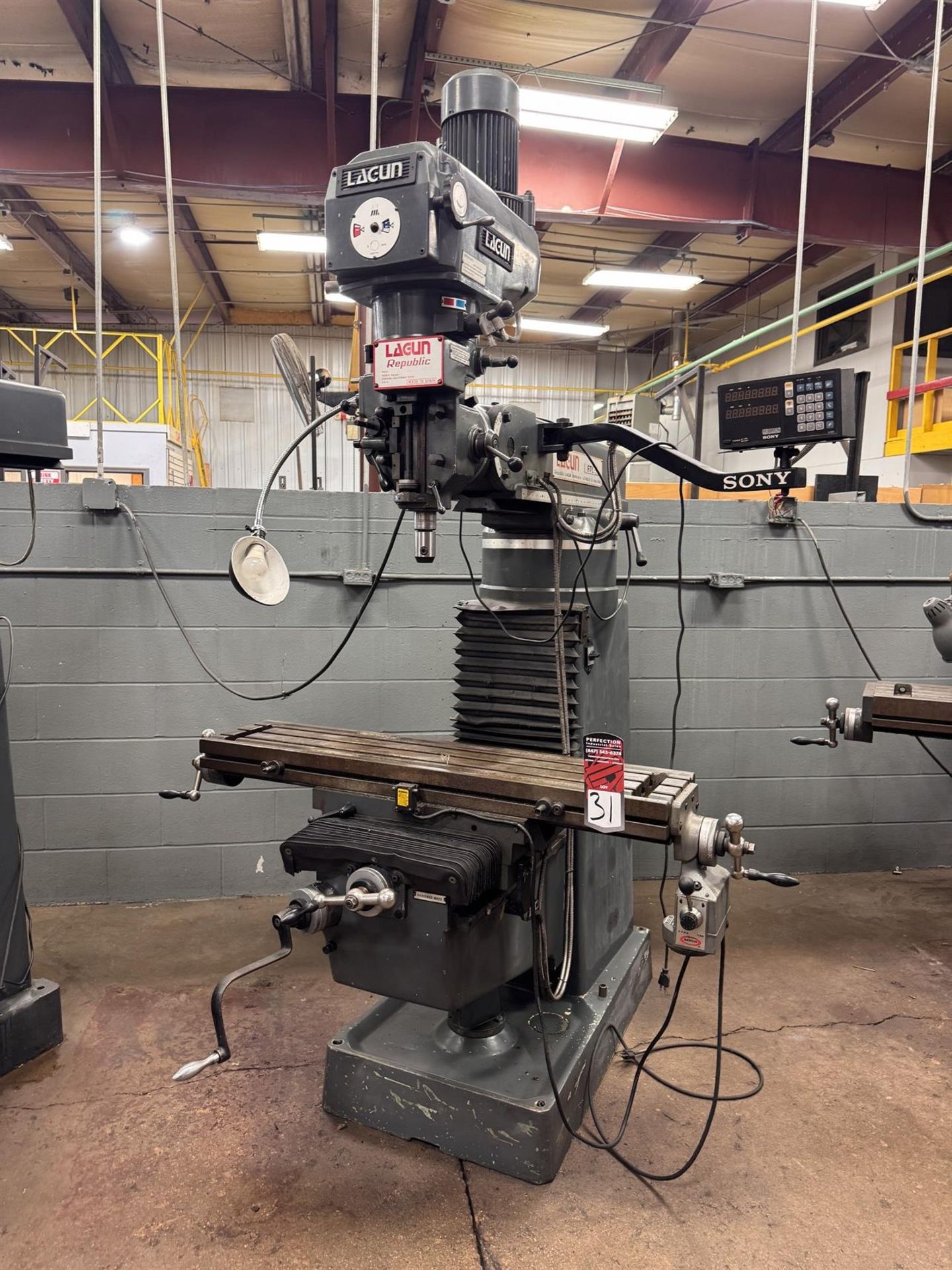 LAGUN FTV-1 3 HP Milling Machine, s/n 45754, w/ 10” x 44” Power Feed Table, Sony Millman 2-Axis DRO